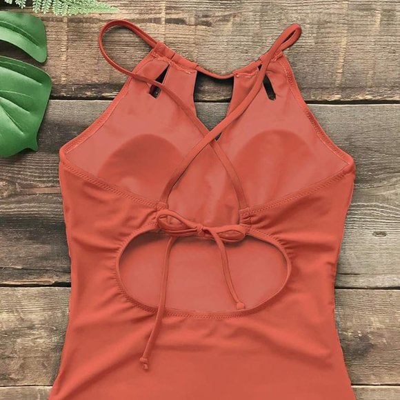 NWT Women's Cutout High Neck Back Tie One Piece Swimsuit - Orange - Large - Picture 3 of 5